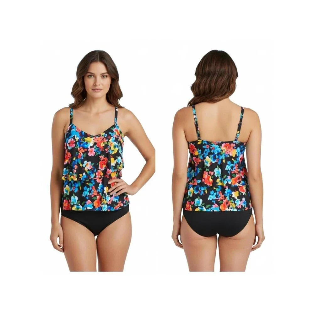 Floral Tankini Swimsuit Top Layered Ruffle Plus Size Swimwear